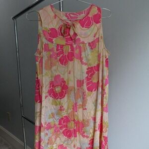 Pink and green floral dress with bow tie neckline and tie‎ back